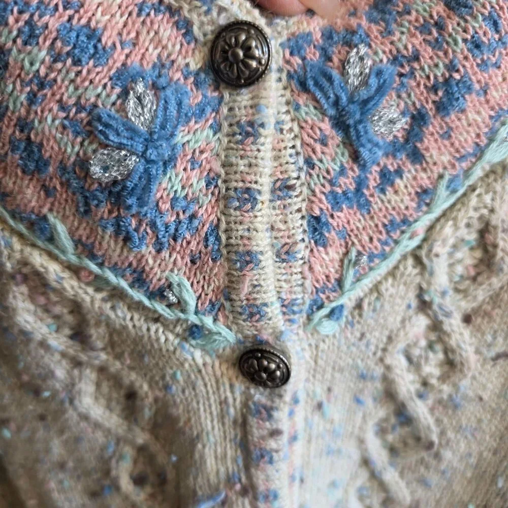 1990s Jantzen Embroidered Large Cable Knit Cardigan Grandma Cottage Deadstock
